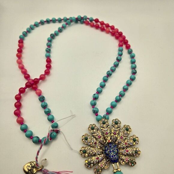 Betsey Johnson Boho Peacock Tassel Necklace Multi Stone Pendant Beaded New - Picture 4 of 5
